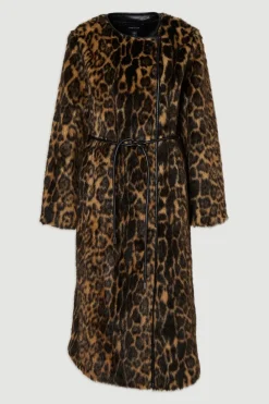 Manteau Midi en synthétique Léopard sans Col avec Ceinture à Nouer