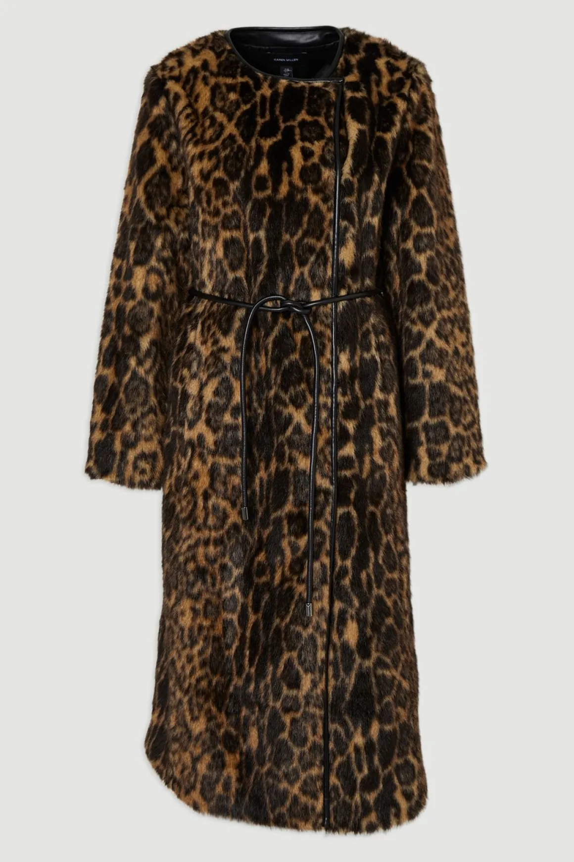 Manteau Midi en synthétique Léopard sans Col avec Ceinture à Nouer