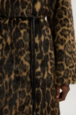 Manteau Midi en synthétique Léopard sans Col avec Ceinture à Nouer