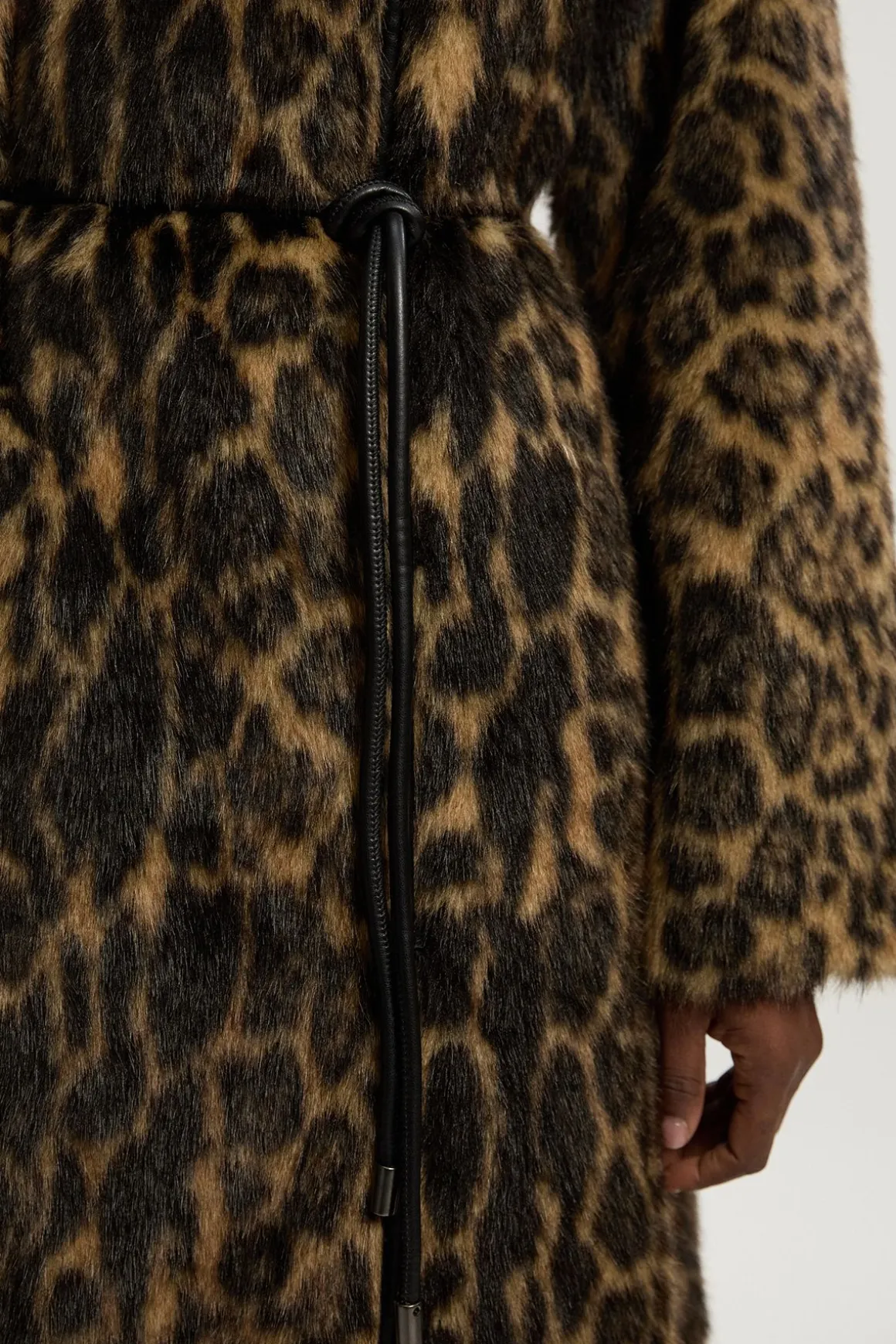 Manteau Midi en synthétique Léopard sans Col avec Ceinture à Nouer