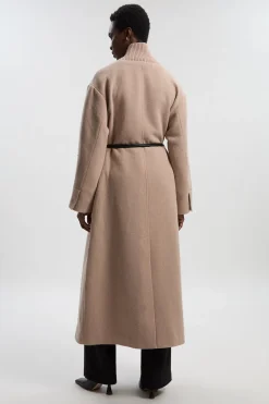 Manteau Mi-Long Ajusté en Laine Tricotée avec Col Croisé et Ceinture