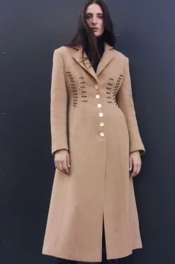 Manteau Mi-Long Ajusté en Laine avec Surpiqûres Polies