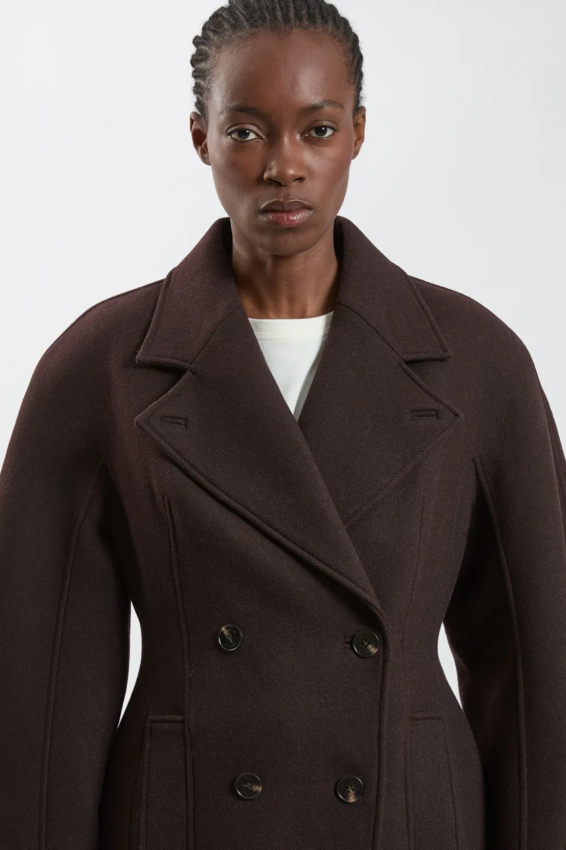 Manteau Mi-long Ajusté En Laine À Manches Arrondies