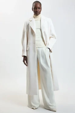 Manteau Mi-long Ajusté En Laine Avec Jupe Ample Et Détail Satin