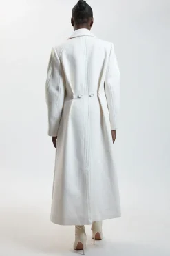 Manteau Mi-long Ajusté En Laine Avec Jupe Ample Et Détail Satin