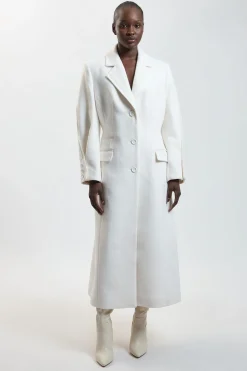 Manteau Mi-long Ajusté En Laine Avec Jupe Ample Et Détail Satin