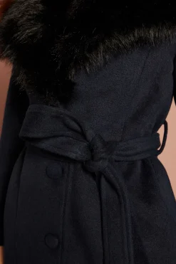 Manteau Mi-long Bleu Marine Ceinturé D'occasion Avec Col En Synthétique