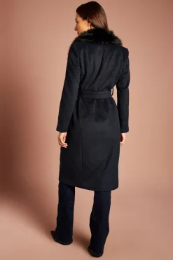 Manteau Mi-long Bleu Marine Ceinturé D'occasion Avec Col En Synthétique