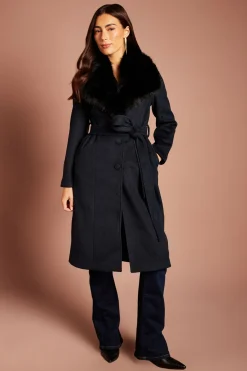 Manteau Mi-long Bleu Marine Ceinturé D'occasion Avec Col En Synthétique