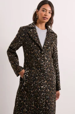 Manteau Mi-Long en Laine Imprimé Léopard