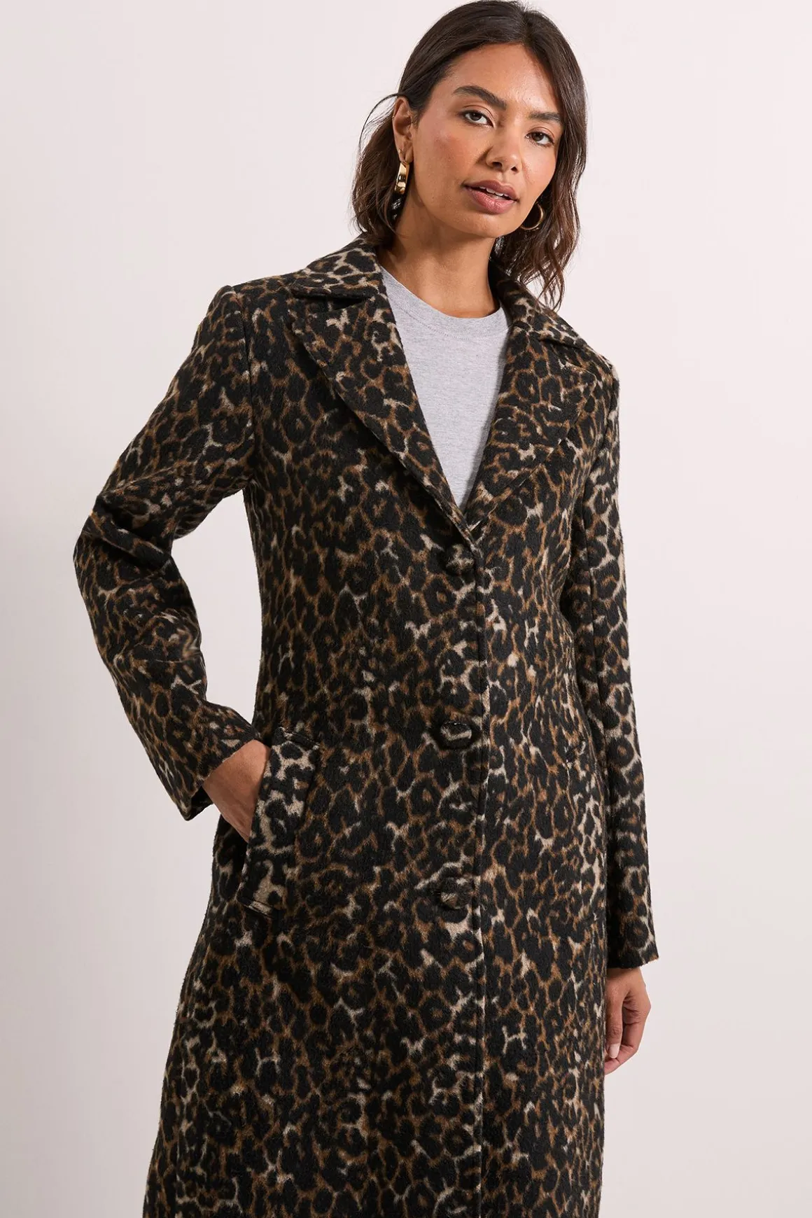 Manteau Mi-Long en Laine Imprimé Léopard