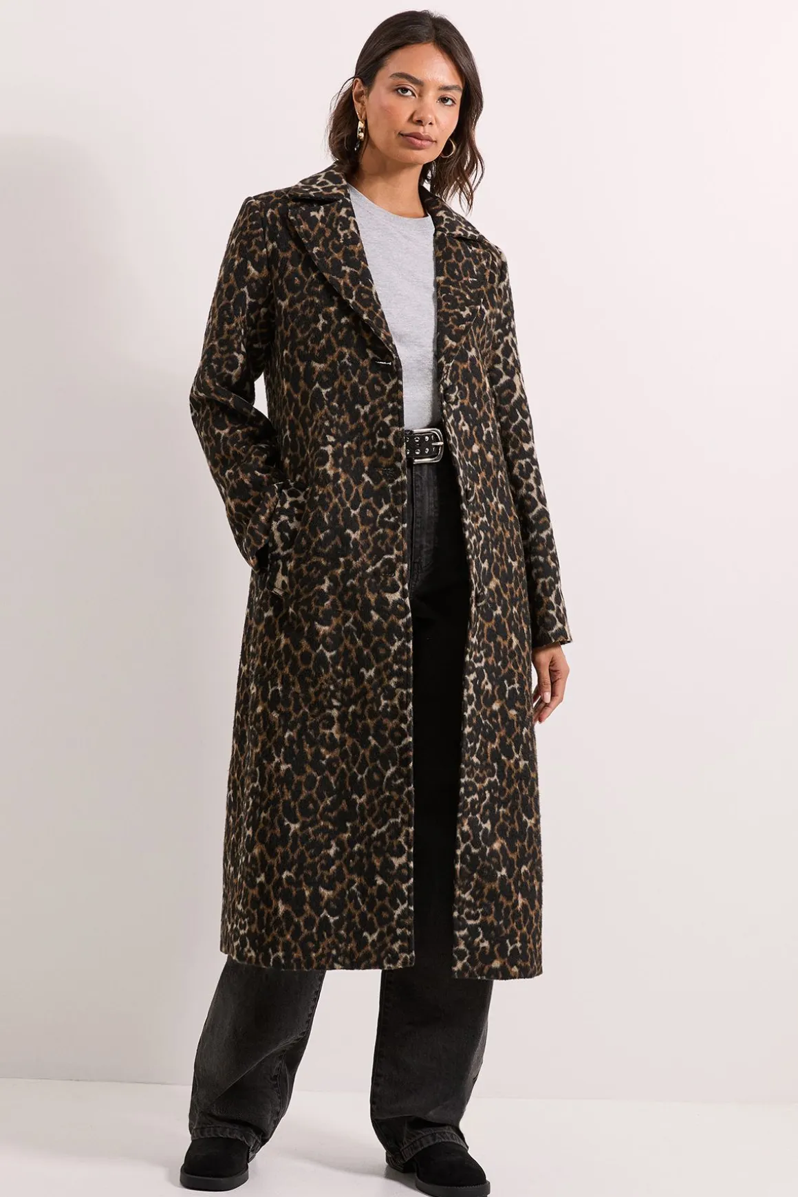 Manteau Mi-Long en Laine Imprimé Léopard