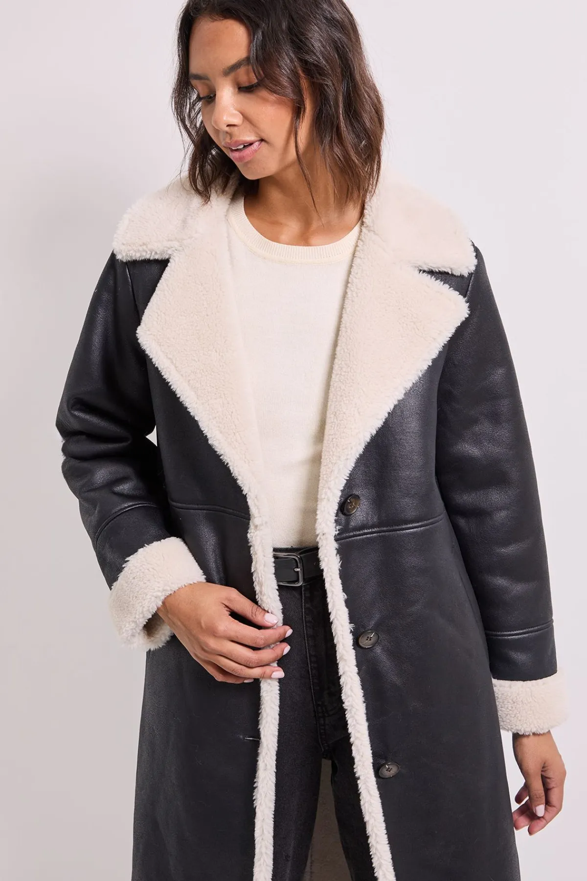 Dorothy Perkins Manteau Mi-Long en Peau Lainée<Femme Manteaux Et Vestes D’Automne|Vestes & Manteaux