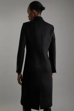 Manteau mi-long sur mesure à double boutonnage en mélange de laine avec appliques en satin embellies