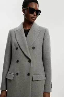 Manteau Mi-Long Taillé à Double Boutonnage en Laine Brossée Petite