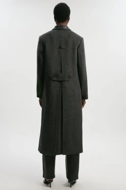 Manteau Mi-Long Tailleur en Laine Brossée à Carreaux et Détails synthétiquecuir