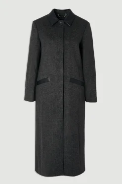 Manteau Mi-Long Tailleur en Laine Brossée à Carreaux et Détails synthétiquecuir