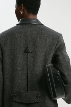 Manteau Mi-Long Tailleur en Laine Brossée à Carreaux et Détails synthétiquecuir