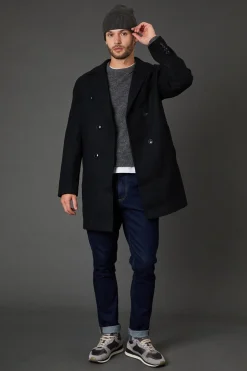 Manteau Noir Croisé en Mélange de Laine