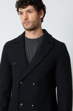 Manteau Noir Croisé en Mélange de Laine
