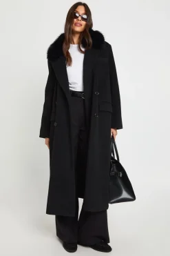 Manteau oversize à double boutonnage, aspect laine, orné d'une garniture en synthétique