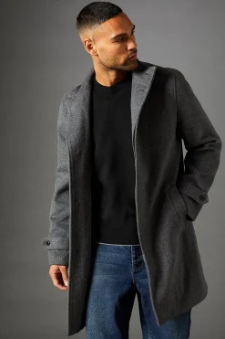 Manteau Signature Gris Moyen à Col Cheminée en Mélange de Laine