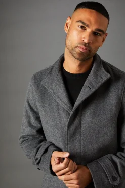 Manteau Signature Gris Moyen à Col Cheminée en Mélange de Laine