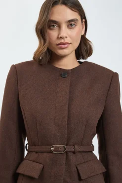 Manteau Structuré Sans Col Ceinturé En Mélange De Laine