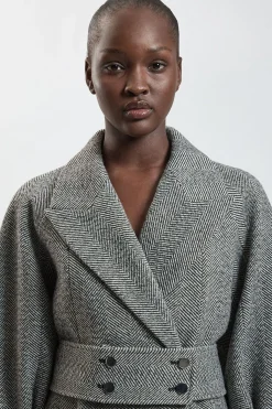 Manteau Trench Maxi Ceinturé En Laine À Chevrons