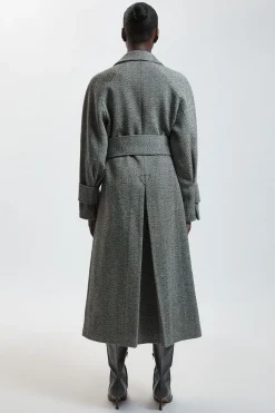 Manteau Trench Maxi Ceinturé En Laine À Chevrons