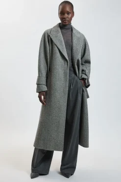 Manteau Trench Maxi Ceinturé En Laine À Chevrons