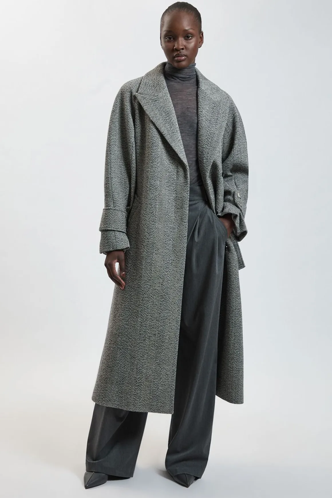 Manteau Trench Maxi Ceinturé En Laine À Chevrons