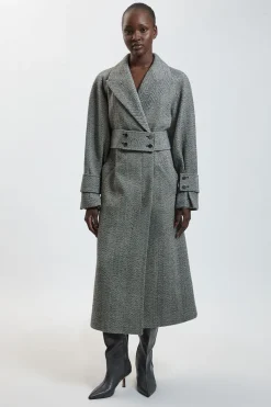 Manteau Trench Maxi Ceinturé En Laine À Chevrons