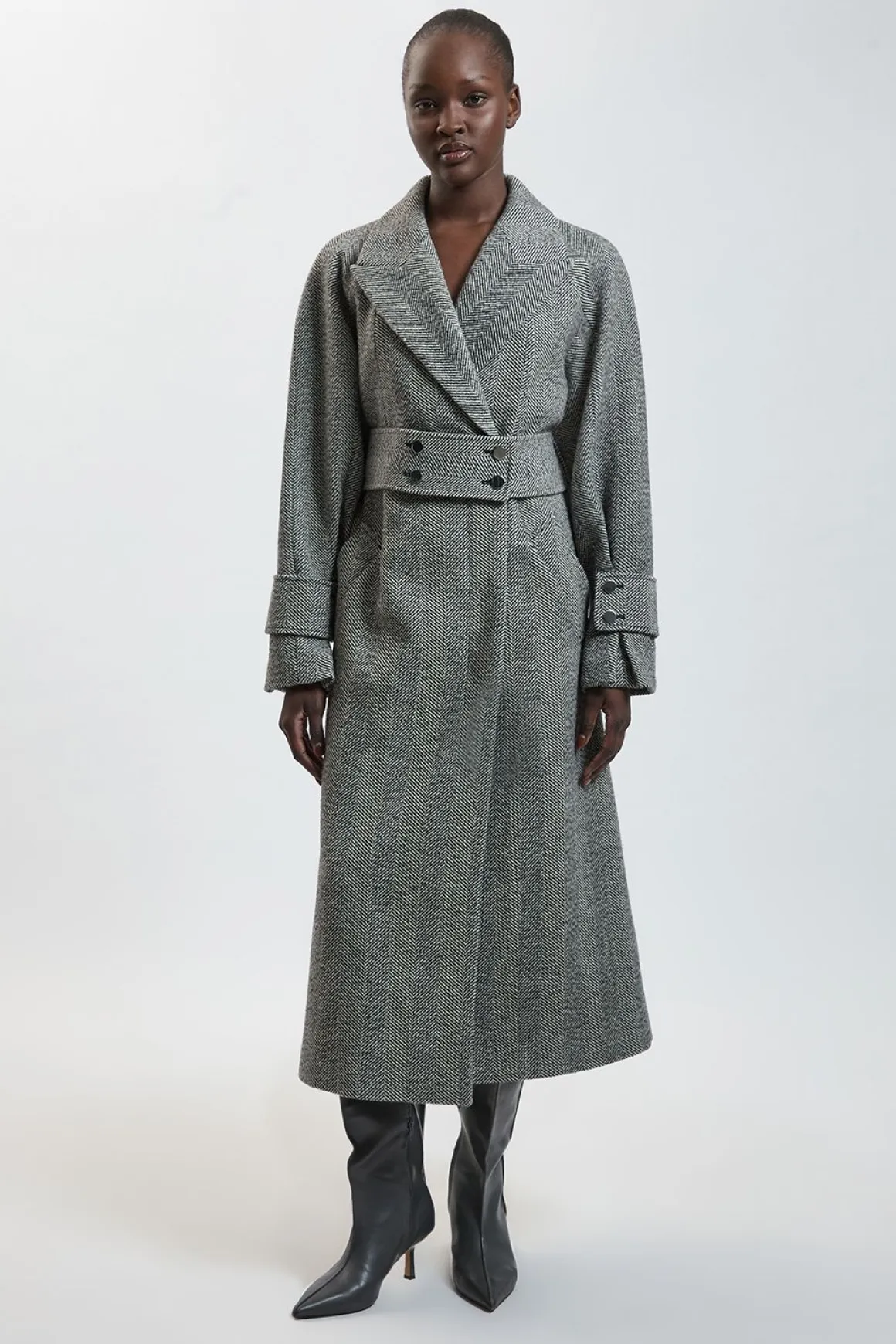 Manteau Trench Maxi Ceinturé En Laine À Chevrons