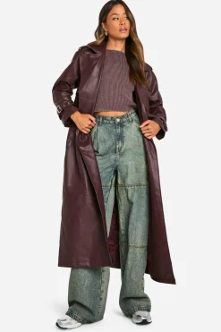 Manteau trench maxi long à double boutonnage en synthétique