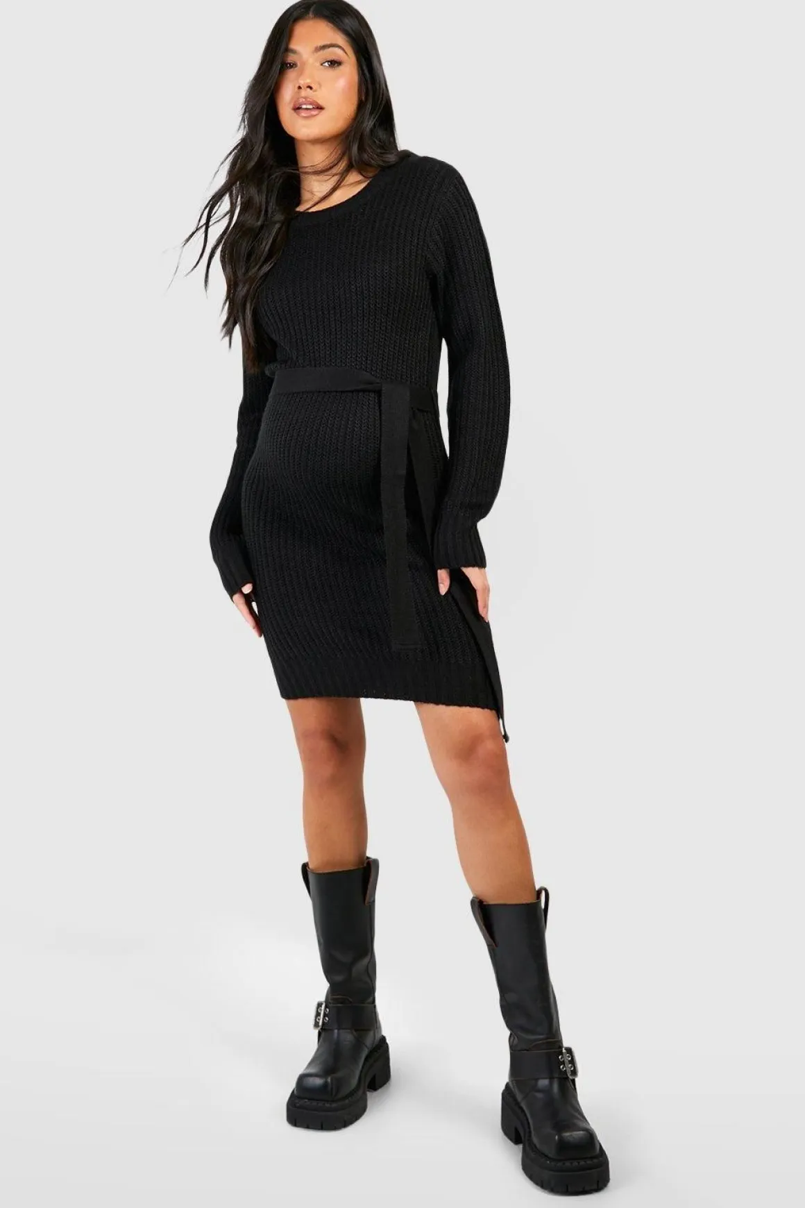 Maternité Robe Pull en Maille Douce à Ceinture Nouable