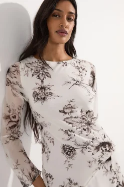Maxi robe à dos drapé en viscose georgette transparente à motif floral esquissé tissé