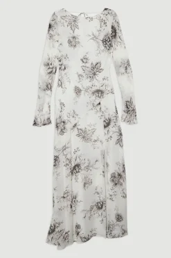 Maxi robe à dos drapé en viscose georgette transparente à motif floral esquissé tissé
