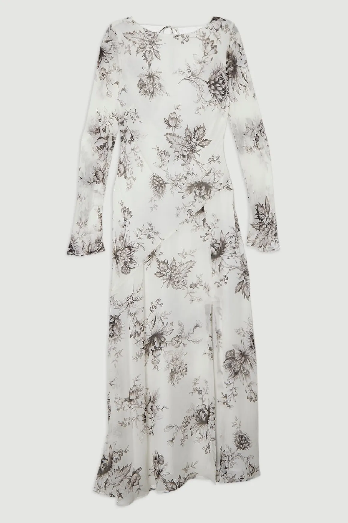 Maxi robe à dos drapé en viscose georgette transparente à motif floral esquissé tissé