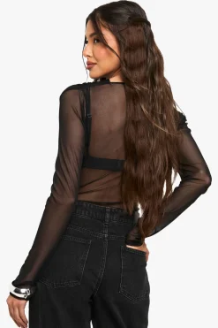 boohoo Mesh Cross Over Bodysuit<Femme Tops D’Automne|Tops