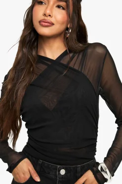 boohoo Mesh Cross Over Bodysuit<Femme Tops D’Automne|Tops