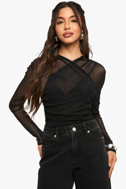 boohoo Mesh Cross Over Bodysuit<Femme Tops D’Automne|Tops
