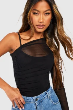 boohoo Mesh Rouche Une pièce une par-dessus l'épaule<Femme Tops