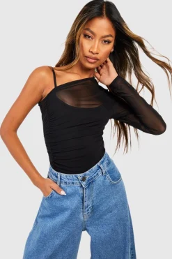 boohoo Mesh Rouche Une pièce une par-dessus l'épaule<Femme Tops