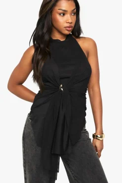 Mesh Top drapé en maille à col haut avec détails de finition