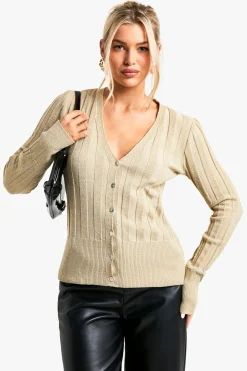 Metallic Gold Thick Rib Knitted Cardigan