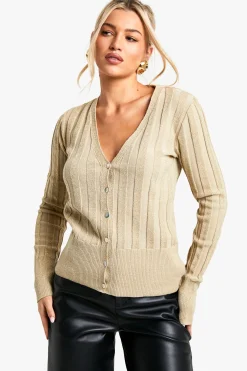 Metallic Gold Thick Rib Knitted Cardigan