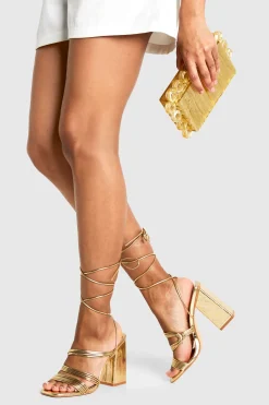 boohoo Metallic Multi Strap Tie Leg Block Heels< Chaussures Festives|Chaussures À Talons