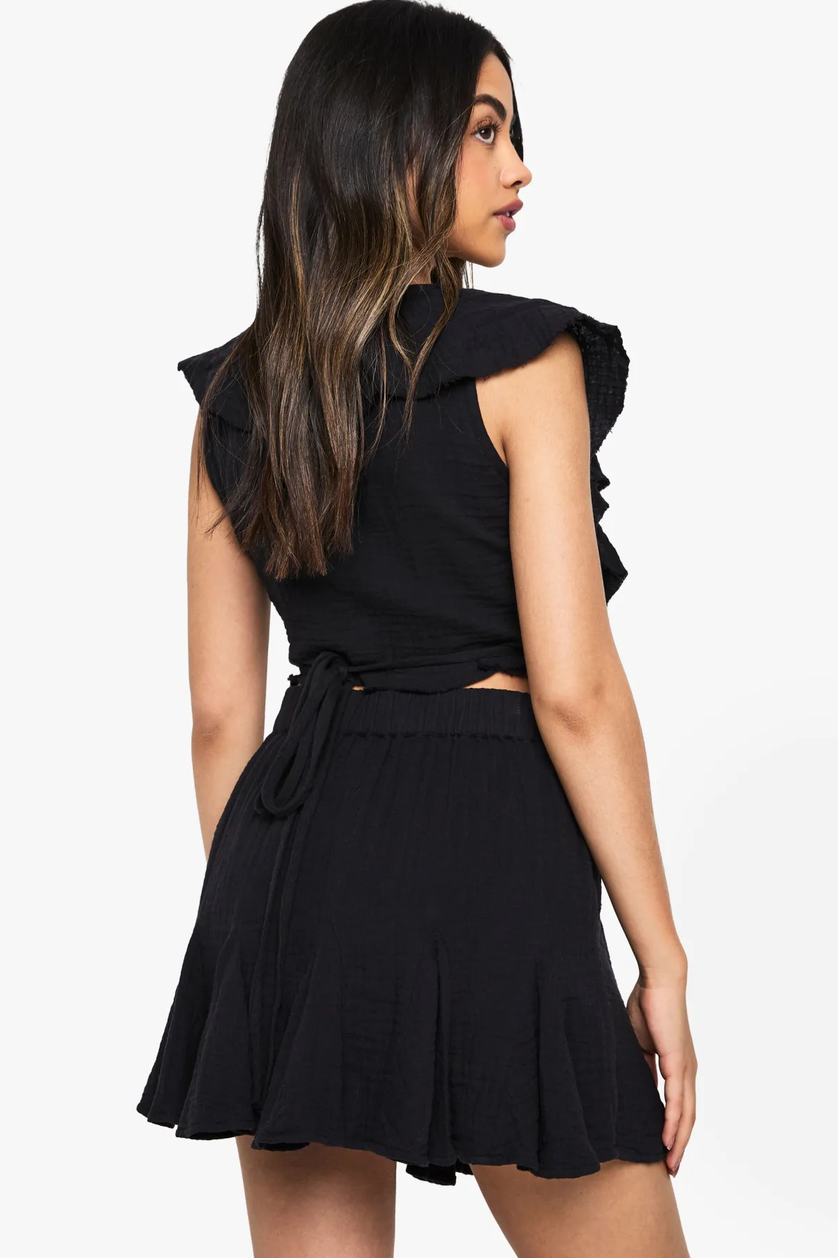boohoo Mini-jupe en cheesecloth à empiècement godet<Femme Jupes|Jupes