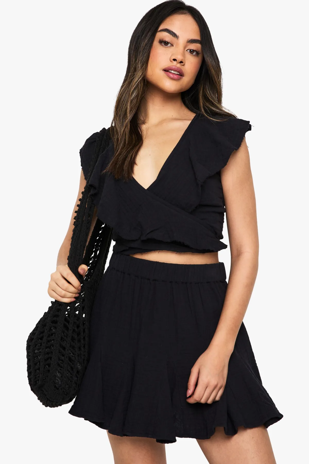boohoo Mini-jupe en cheesecloth à empiècement godet<Femme Jupes|Jupes